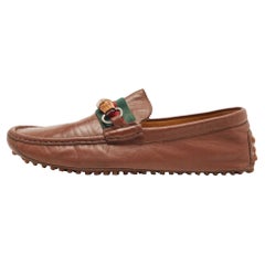 Gucci Brown Leather Bamboo Horsebit Web Loafers Size 45