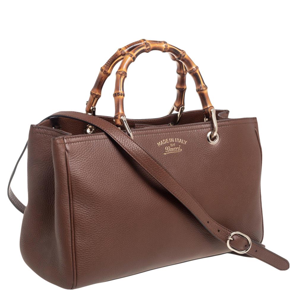 Women's Gucci Brown Leather Bamboo Shopper Tote Bag