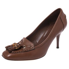 Gucci Brown Leather Bamboo Tassel Loafer Pumps Size 36.5
