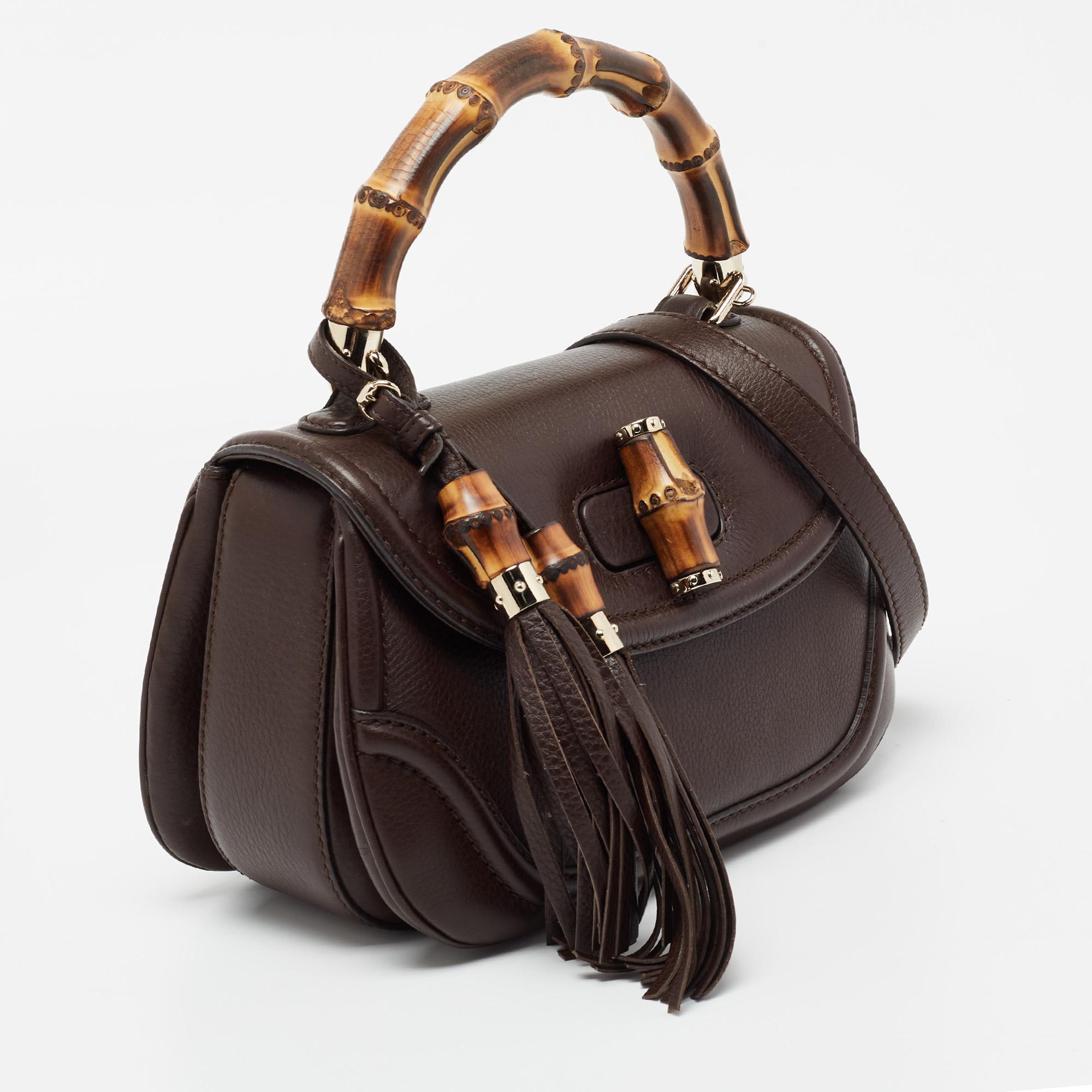 Gucci Brown Leather Bamboo Top Handle Bag In Good Condition In Dubai, Al Qouz 2