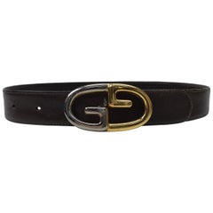 Used Gucci Brown Leather Belt w/ Silver/ Gold Buckle- 75/30 