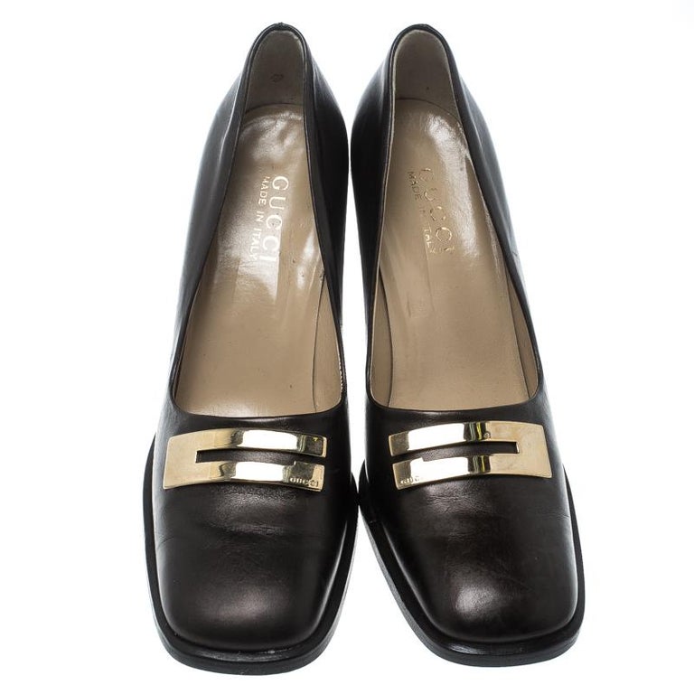 Gucci Brown Leather Block Heel Square Toe Pumps Size 39 For Sale at 1stDibs