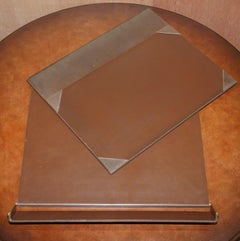 Gucci Brown Leather Brass Bucket Desk Stationary Set Pen Pad Write, circa 1960s