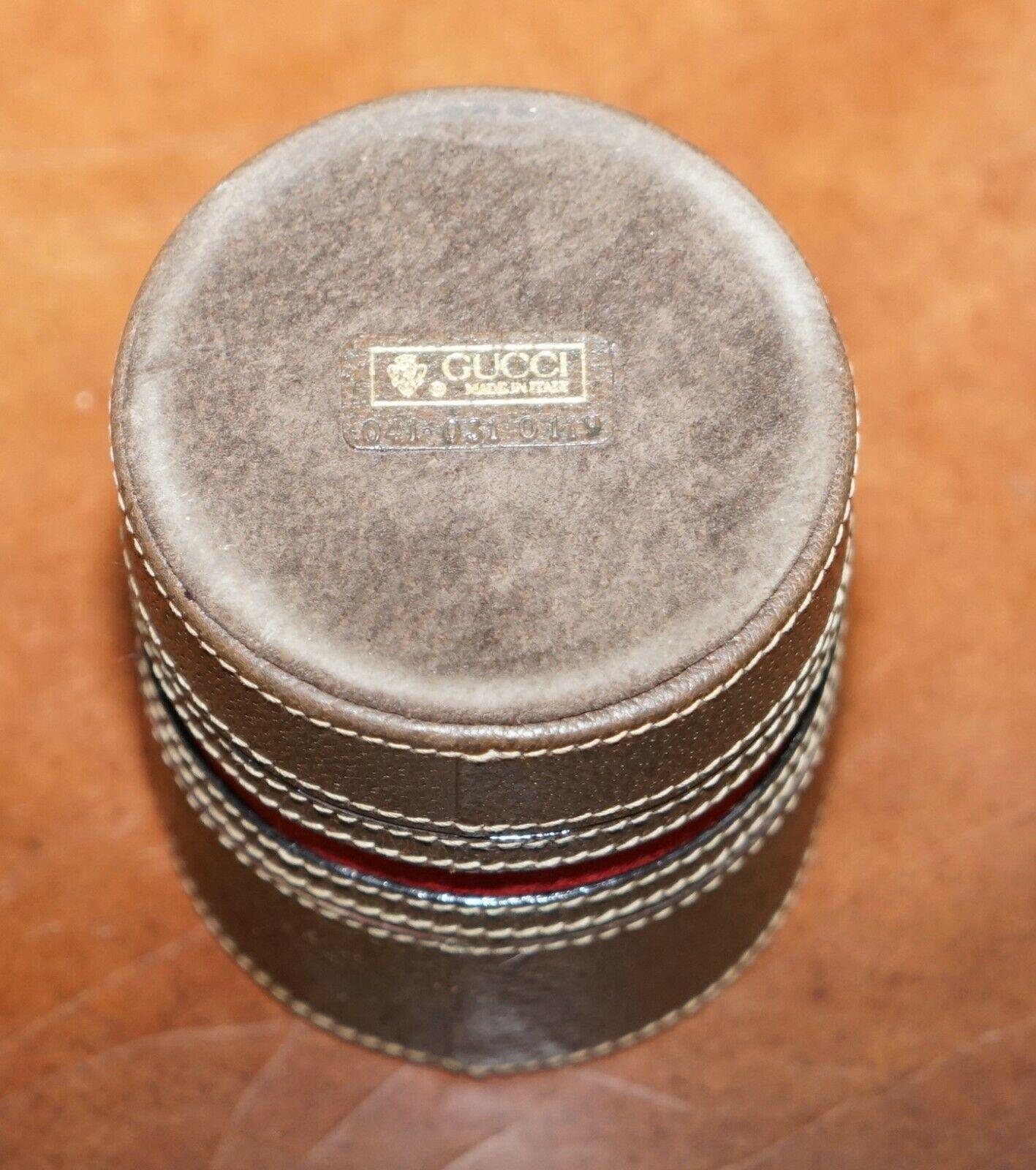 Gucci Brown Leather Brass Bucket Desk Stationary Set Pen Pad Write, circa 1960er Jahre im Angebot 1
