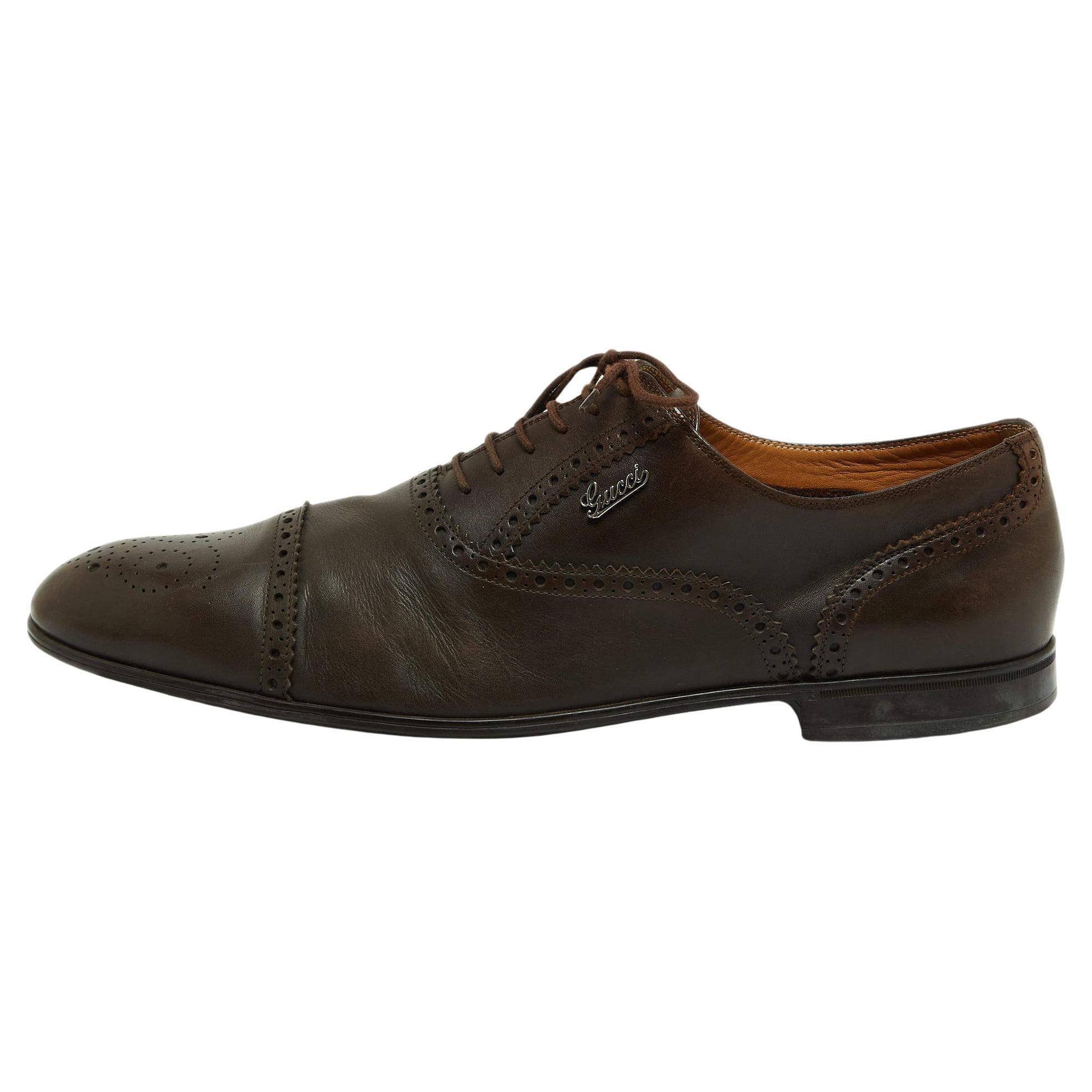 Gucci Brown Leather Brogue Oxfords Size 45.5 For Sale