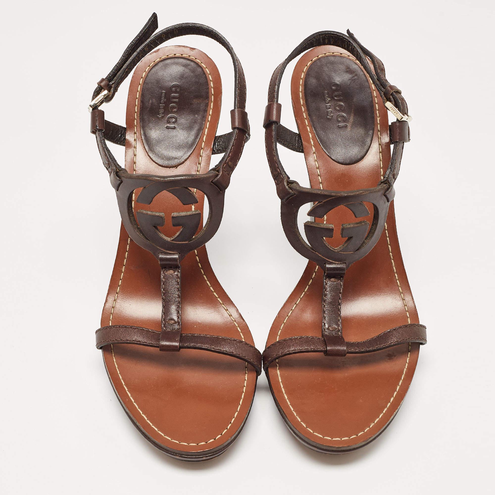 Black Gucci Brown Leather Brown GG Wedge Ankle Strap Sandals Size 39