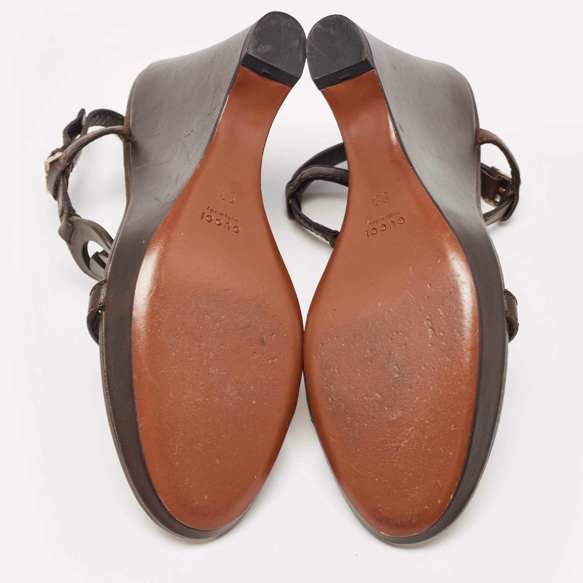 Gucci Brown Leather Brown GG Wedge Ankle Strap Sandals Size 39 2