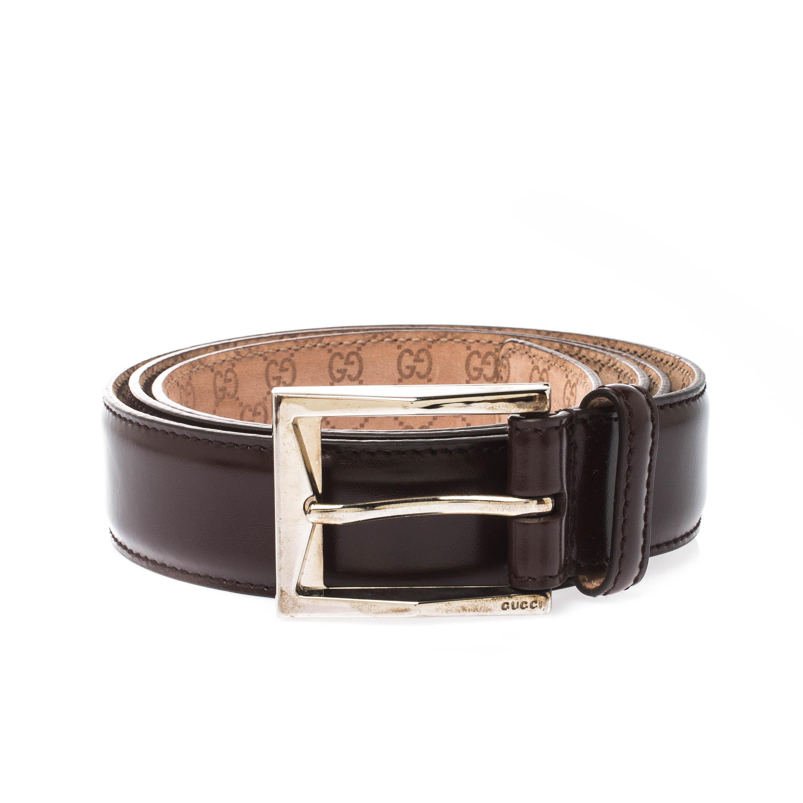 Add the luxury touch to your accessory collection with this brown buckle belt from Gucci. It comes made from leather and designed with a pin buckle in silver-tone metal. Grab it right away!

Includes: Original Dustbag, Original Box

