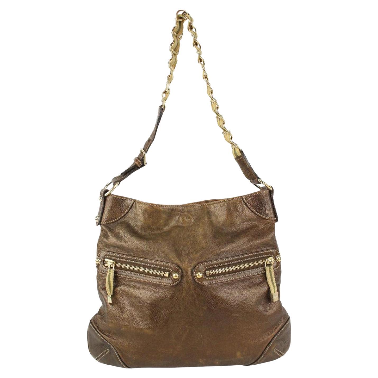 Gucci Brown Leather Capri Ranch Kid Web Chain Hobo shoulder bag 267gk30 For Sale