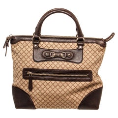 Gucci Brown Leather Catherine Tote Bag. Features green and red canvas top handle
