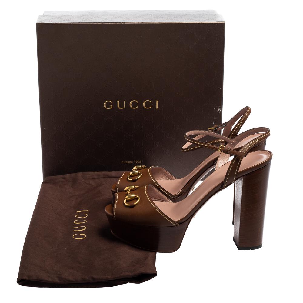Women's Gucci Brown Leather Claudie Peep Toe Platform Sandals Size 40.5