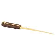 Vintage Gucci Brown Leather Desk Letter Opener with Gilded Equestrian Motif, circa 1970