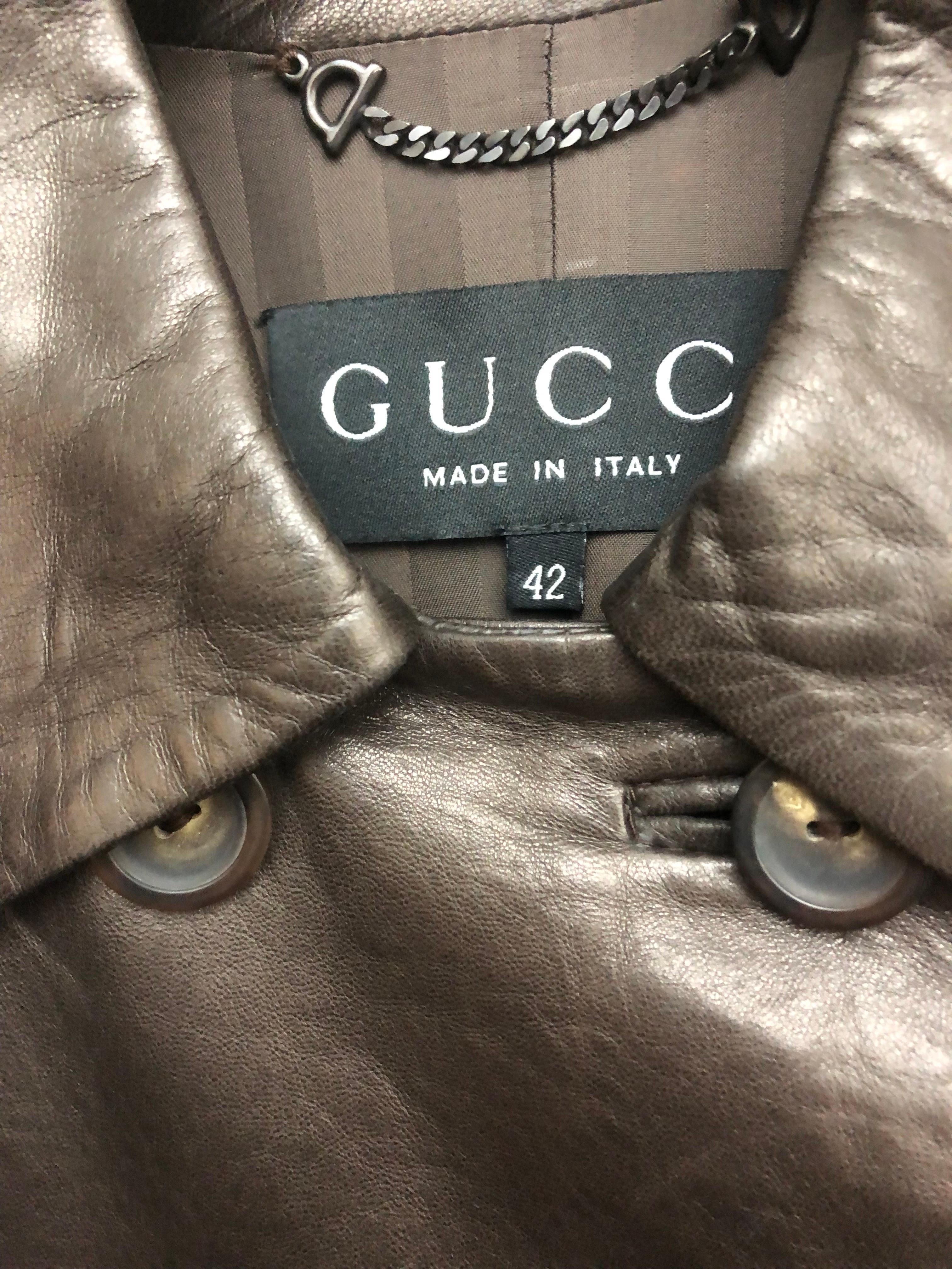 Gucci brown leather double breasted jacket In Excellent Condition For Sale In Sheung Wan, HK