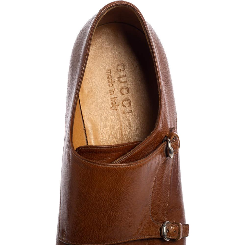 Gucci Brown Leather Double Buckle Monk Strap Derby Size 41 3