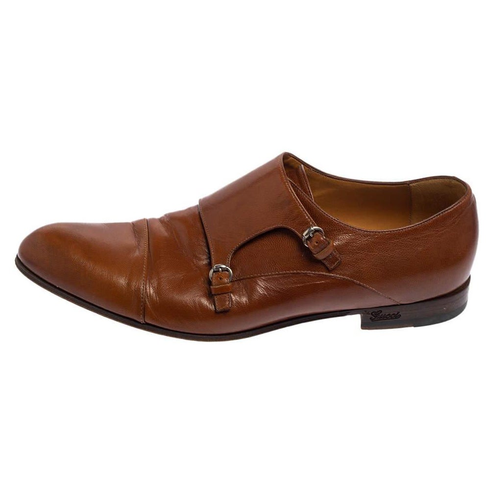 Gucci Brown Leather Double Buckle Monk Strap Derby Size 41