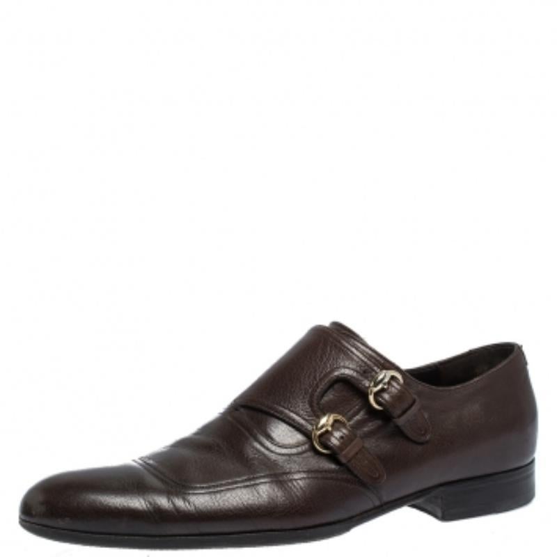 Gucci Brown Leder Double Buckle Monk Strap Oxfords Größe 40 Herren im Angebot
