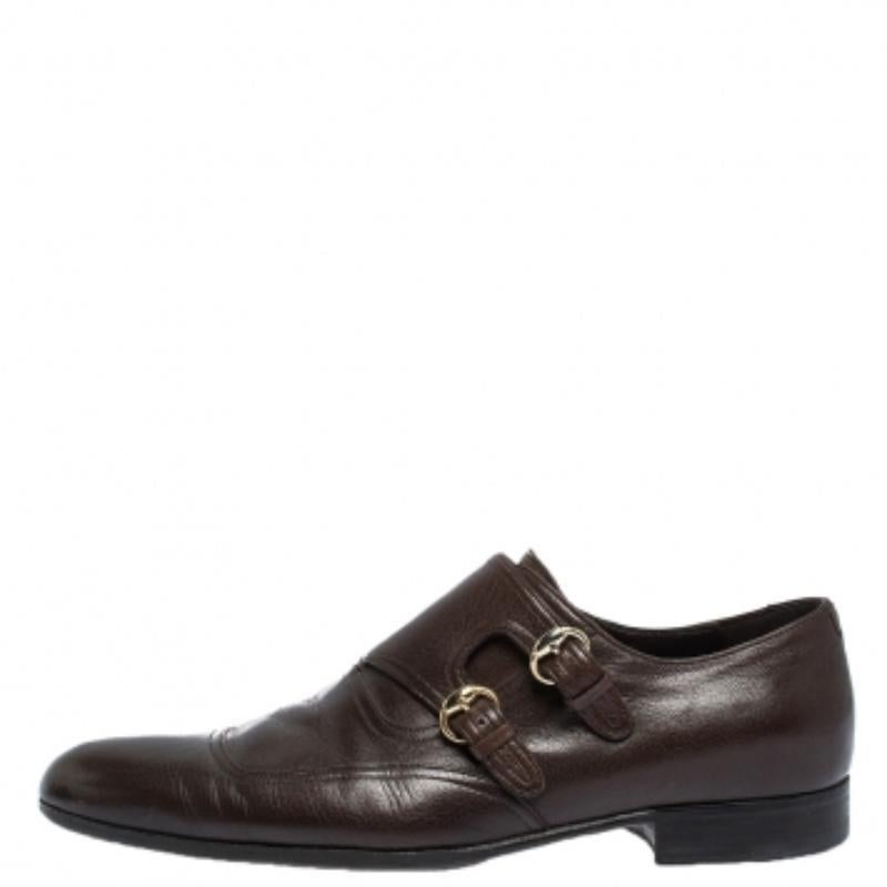 Gucci Brown Leder Double Buckle Monk Strap Oxfords Größe 40 im Angebot