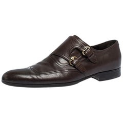Gucci Brown Leather Double Buckle Monk Strap Oxfords Size 40