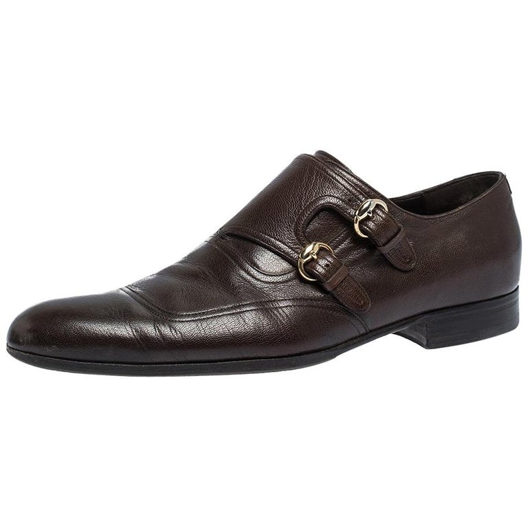 Gucci Brown Leather Double Buckle Monk Strap Oxfords Size 40 For Sale at  1stDibs