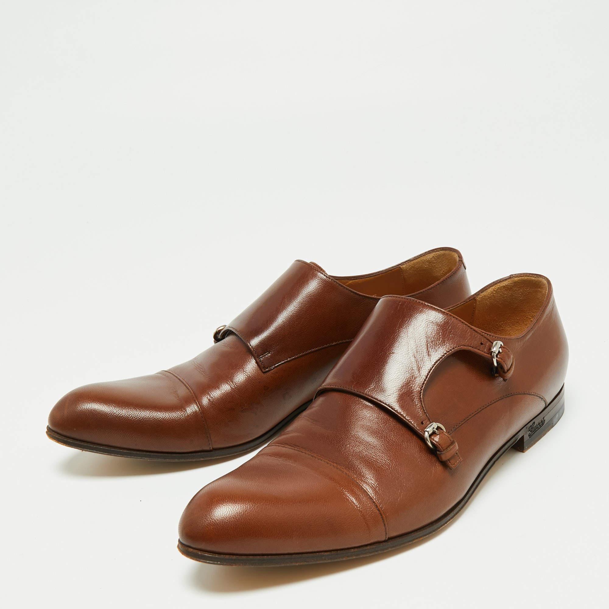 Gucci Brown Leather Double Buckle Monk Strap Oxfords Size 40.5 2