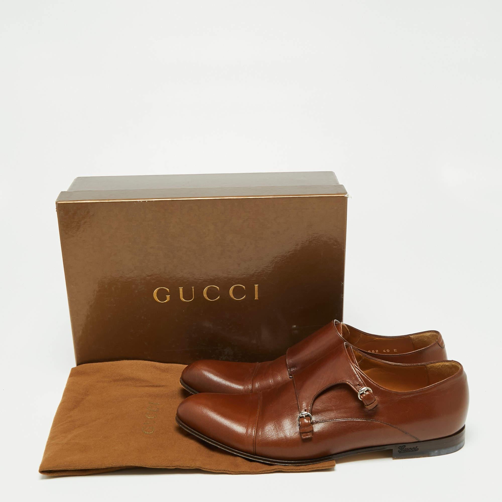 Gucci Brown Leather Double Buckle Monk Strap Oxfords Size 40.5 4