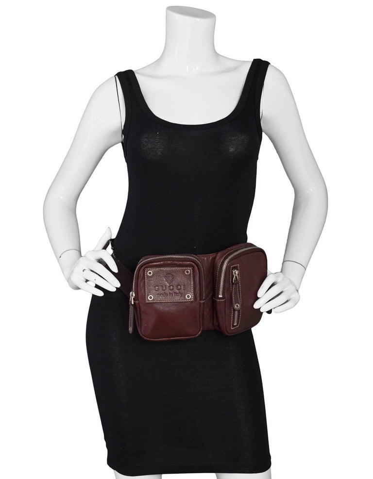 Gucci Brown Leather Double Waist Pouch Belt Bag Fanny Pack For Sale at