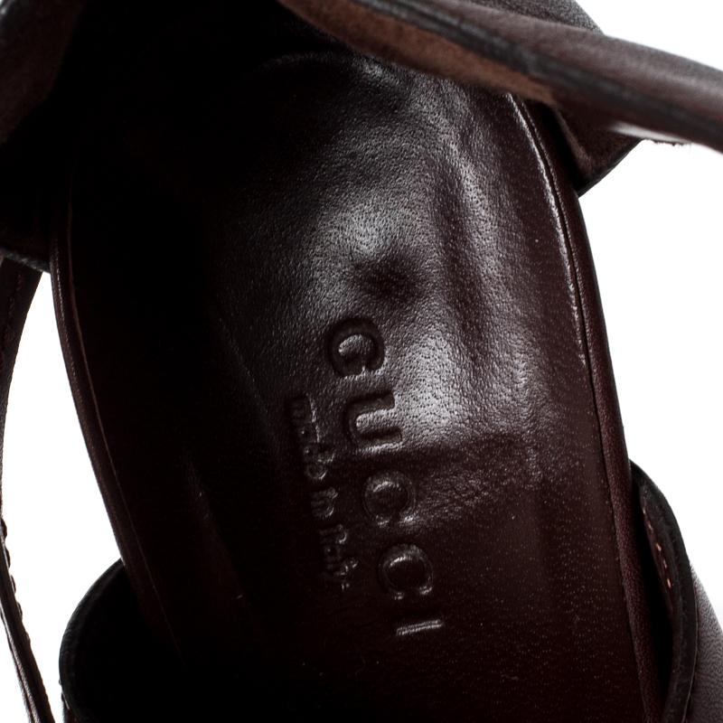 Women's Gucci Brown Leather Ebony Platform Ankle Wrap Sandals Size 36.5