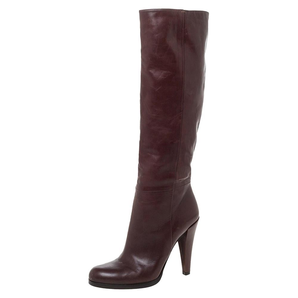 Gucci Brown Leather Elizabeth Knee Mid Calf Boots Size 38