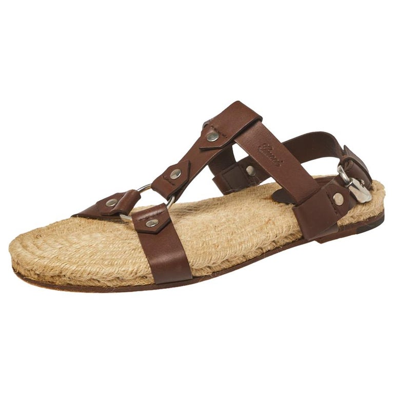 Gucci Brown Leather Espadrille Sandal Size 44 For Sale at 1stDibs