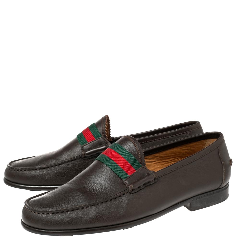 Black Gucci Brown Leather Frederik Web Loafers Size 40