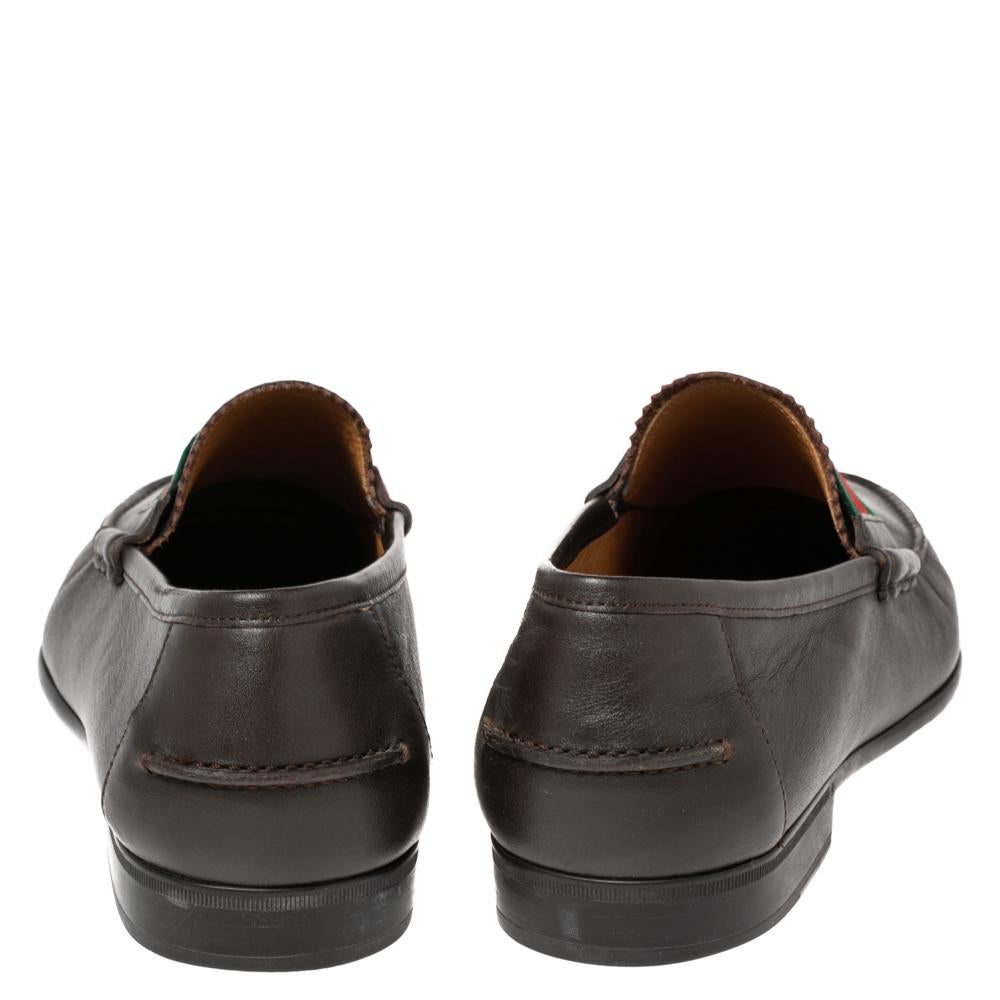 Gucci Brown Leather Frederik Web Loafers Size 40 In Good Condition In Dubai, Al Qouz 2