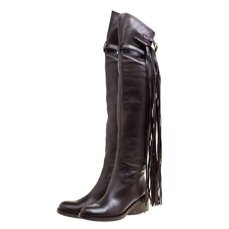 Gucci Brown Leather Fringe Detail Devendra Over The Knee Boots Size 40 In Good Condition In Dubai, Al Qouz 2