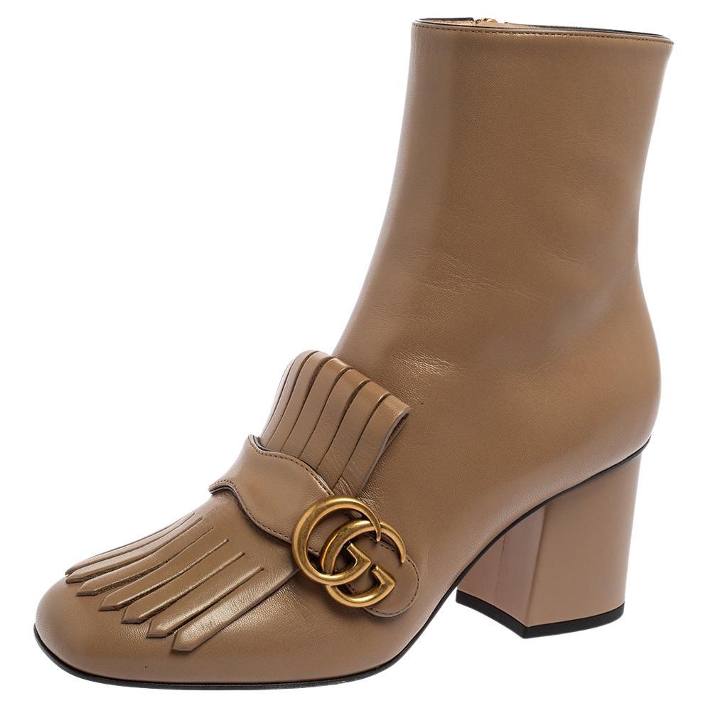 Gucci Brown Leather GG Marmont Fringe Ankle Boots Size 38 at