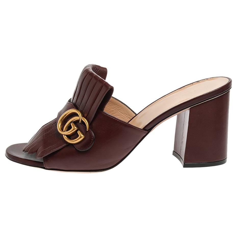 Gucci Brown Leather GG Marmont Fringe Mules Size 41