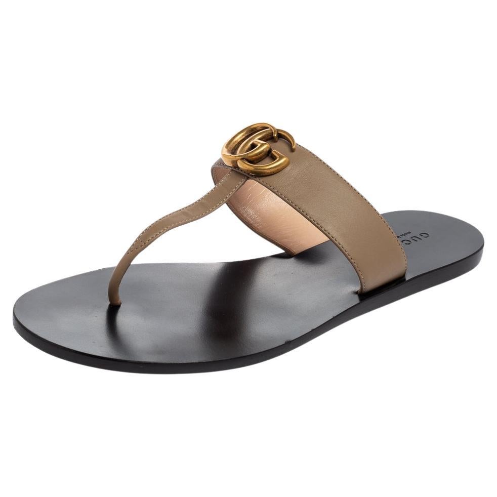 Gucci Brown Leather GG Marmont Thong Flats Size 38.5 at 1stDibs