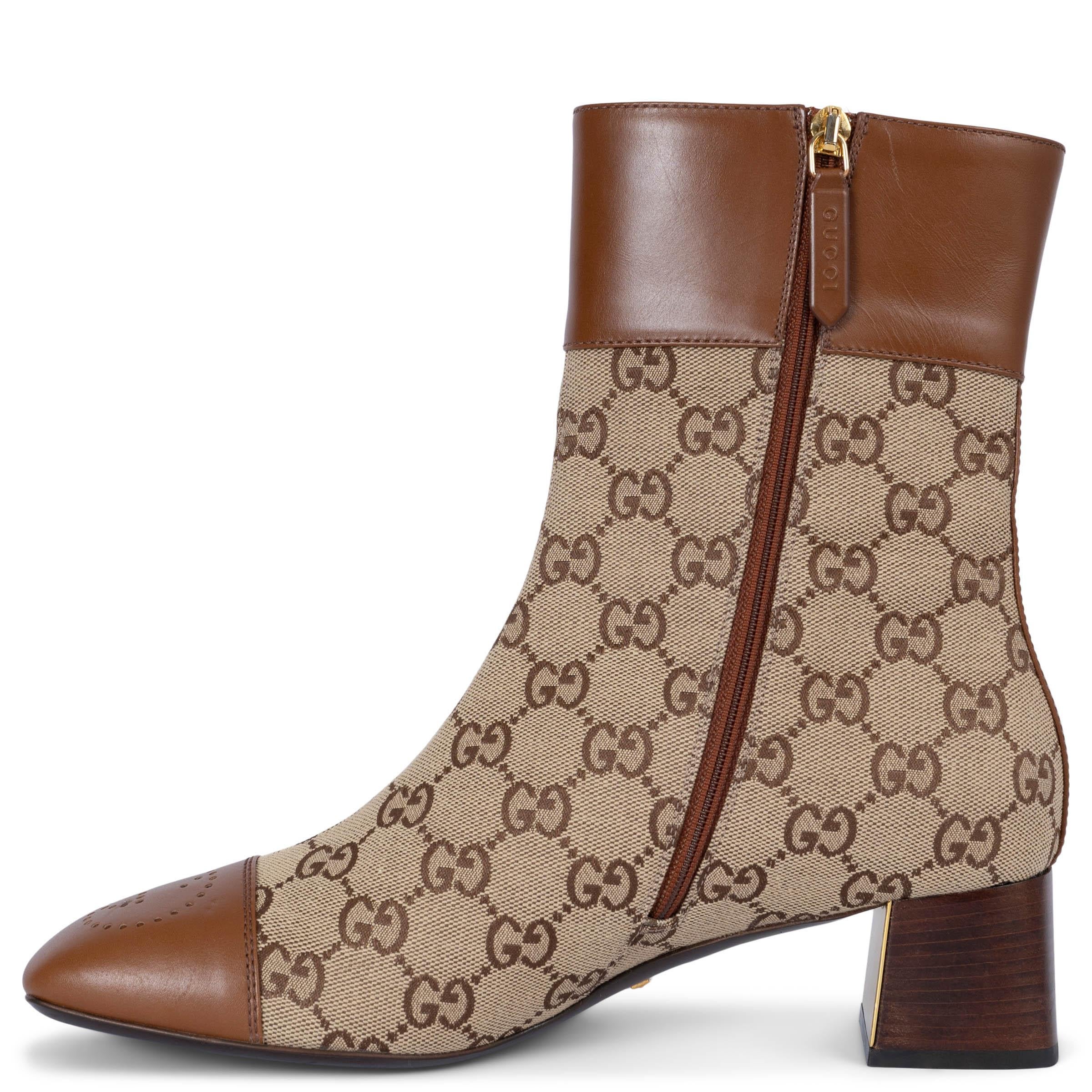 Brown GUCCI brown leather GG SUPREME CANVAS 2022 ELLIS Ankle Boots Shoes 40 For Sale
