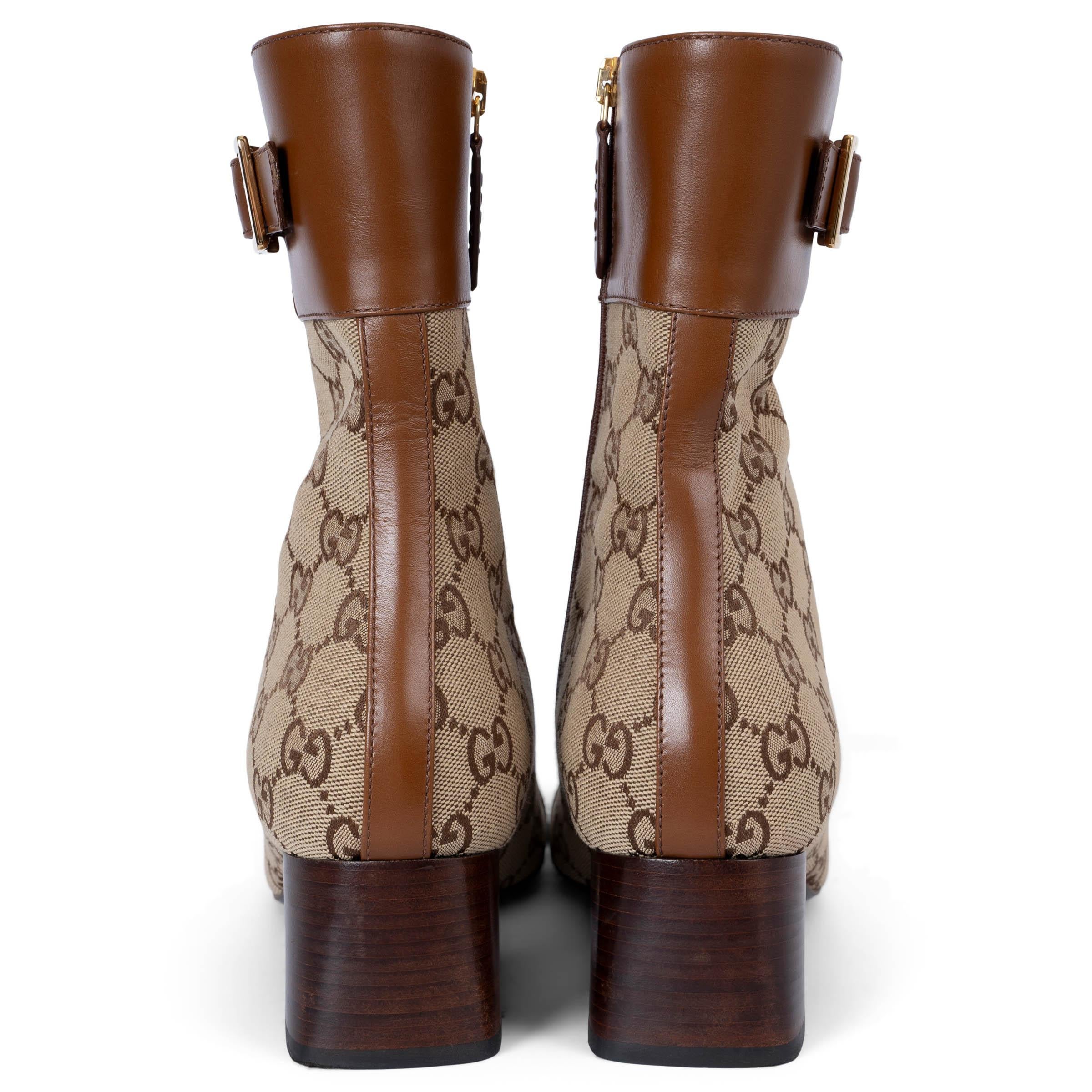 GUCCI brown leather GG SUPREME CANVAS 2022 ELLIS Ankle Boots Shoes 40 In Excellent Condition For Sale In Zürich, CH