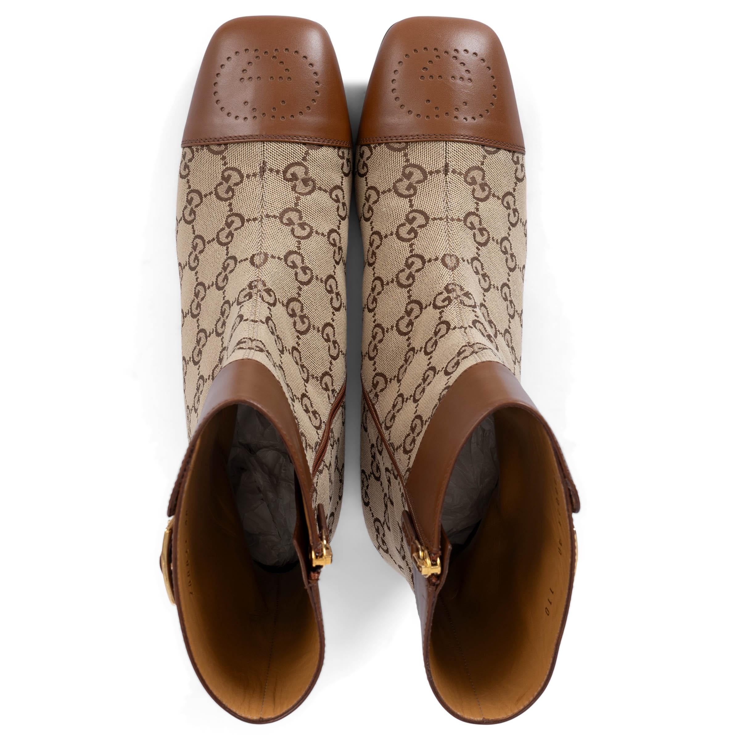 Women's GUCCI brown leather GG SUPREME CANVAS 2022 ELLIS Ankle Boots Shoes 40 For Sale