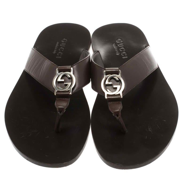 Gucci Brown Leather GG Thong Slipper Sandals Size 40 In Good Condition In Dubai, Al Qouz 2