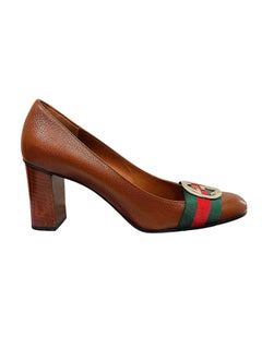 Gucci Brown Leather GG Web Stripe Interlocking Logo Pumps Size 38