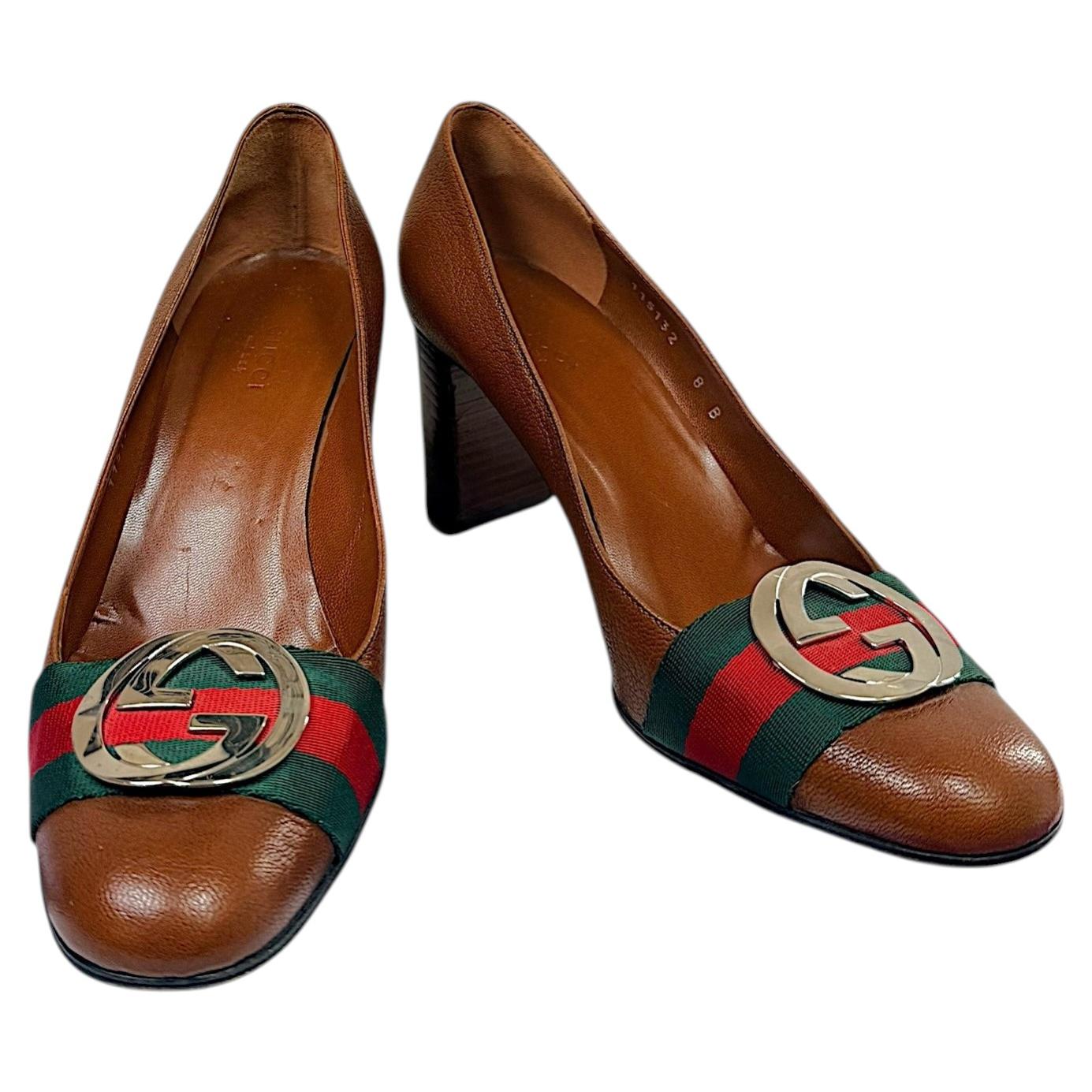 Gucci Brown Leather GG Web Stripe Interlocking Logo Pumps Size 38