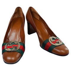 Gucci Brown Leather GG Web Stripe Interlocking Logo Pumps Size 38