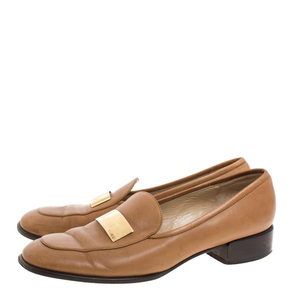 Women's Gucci Brown Leather Gold-Tone Logo Plate Block Heel Loafer Pumps Size 37.5