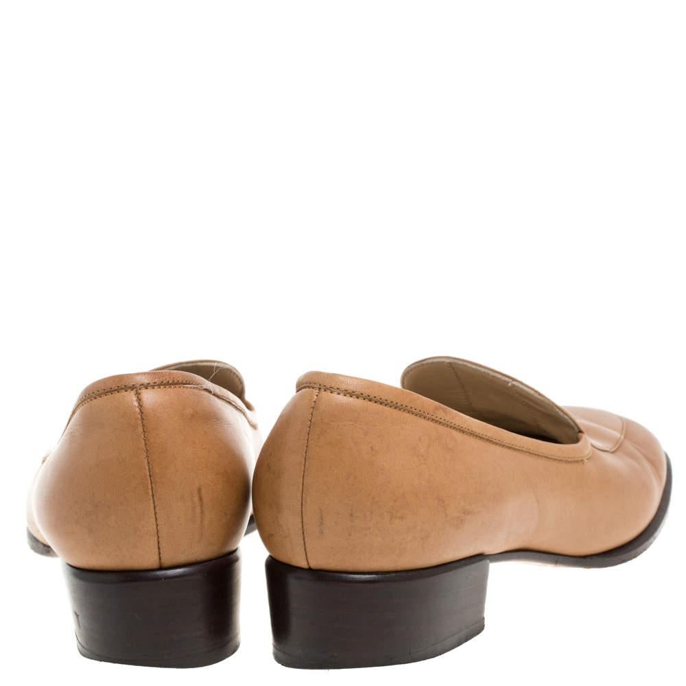 Gucci Brown Leather Gold-Tone Logo Plate Block Heel Loafer Pumps Size 37.5 1