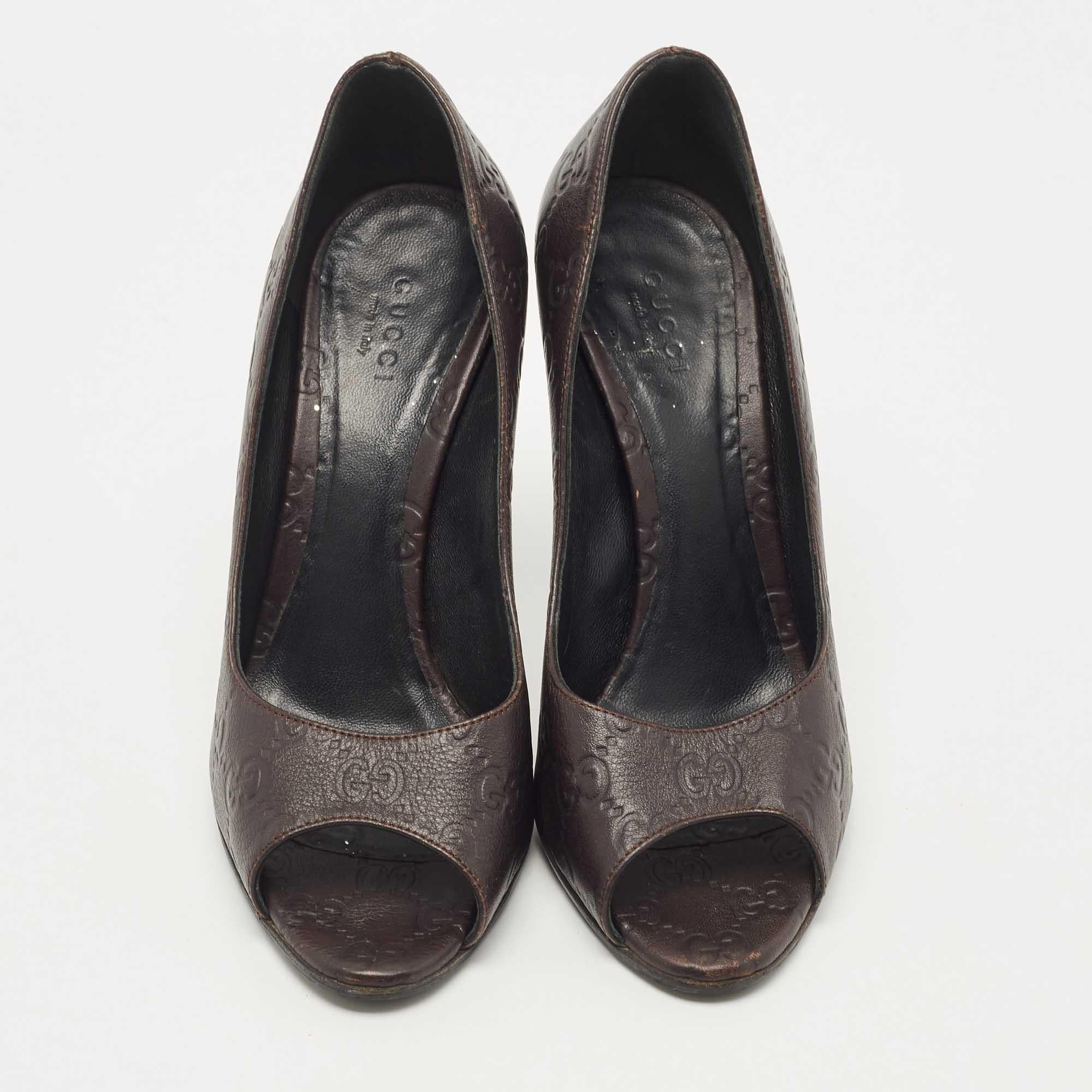 Black Gucci Brown Leather Guccissima Peep Toe Pumps Size 37.5 For Sale