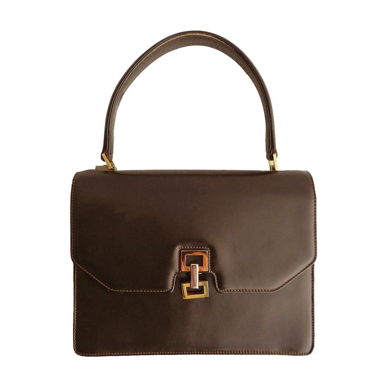 Gucci Brown Leather Handbag Top Handles Bag Vintage, Late 20th Century For Sale