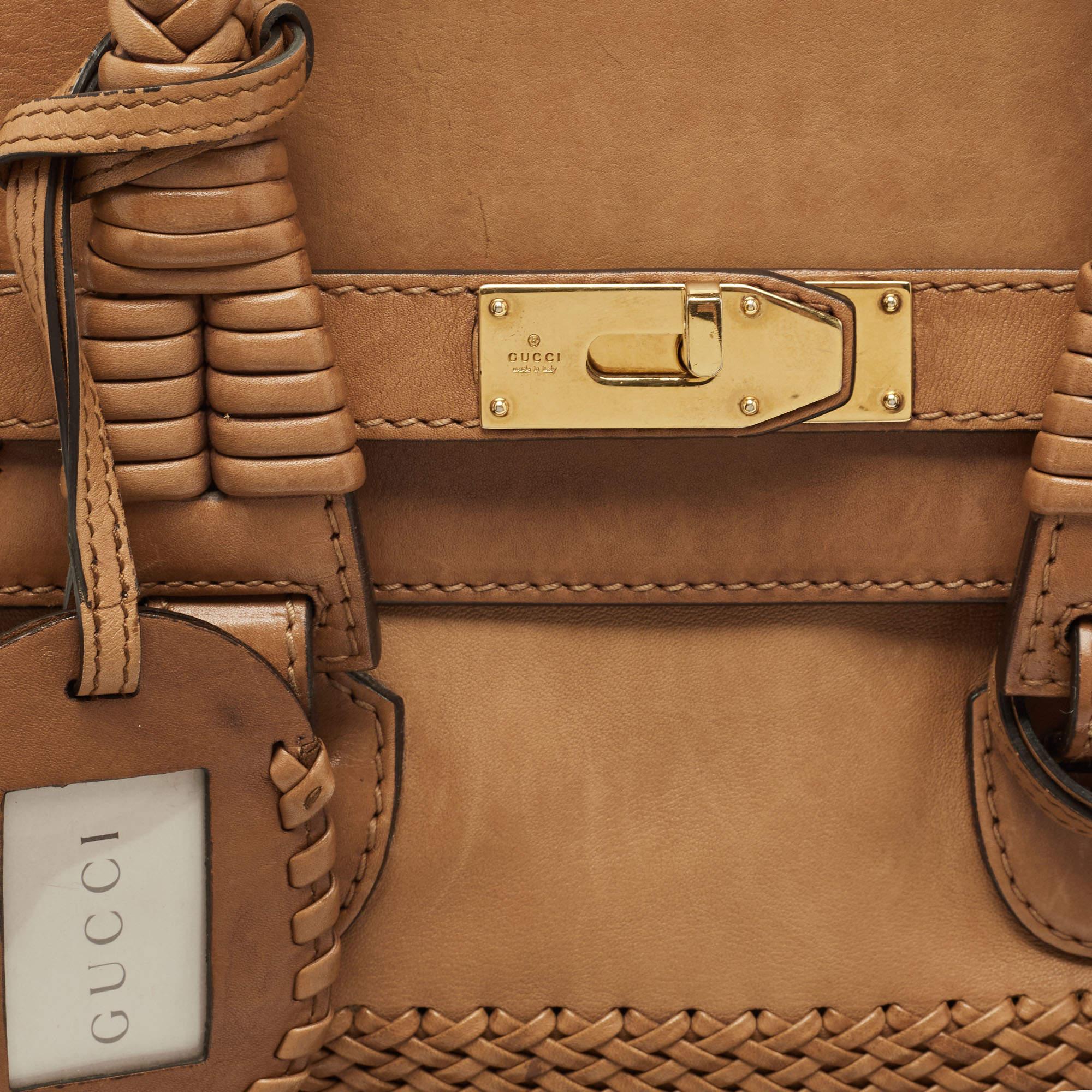 Gucci Brown Leather Handmade Top Handle Bag In Good Condition In Dubai, Al Qouz 2