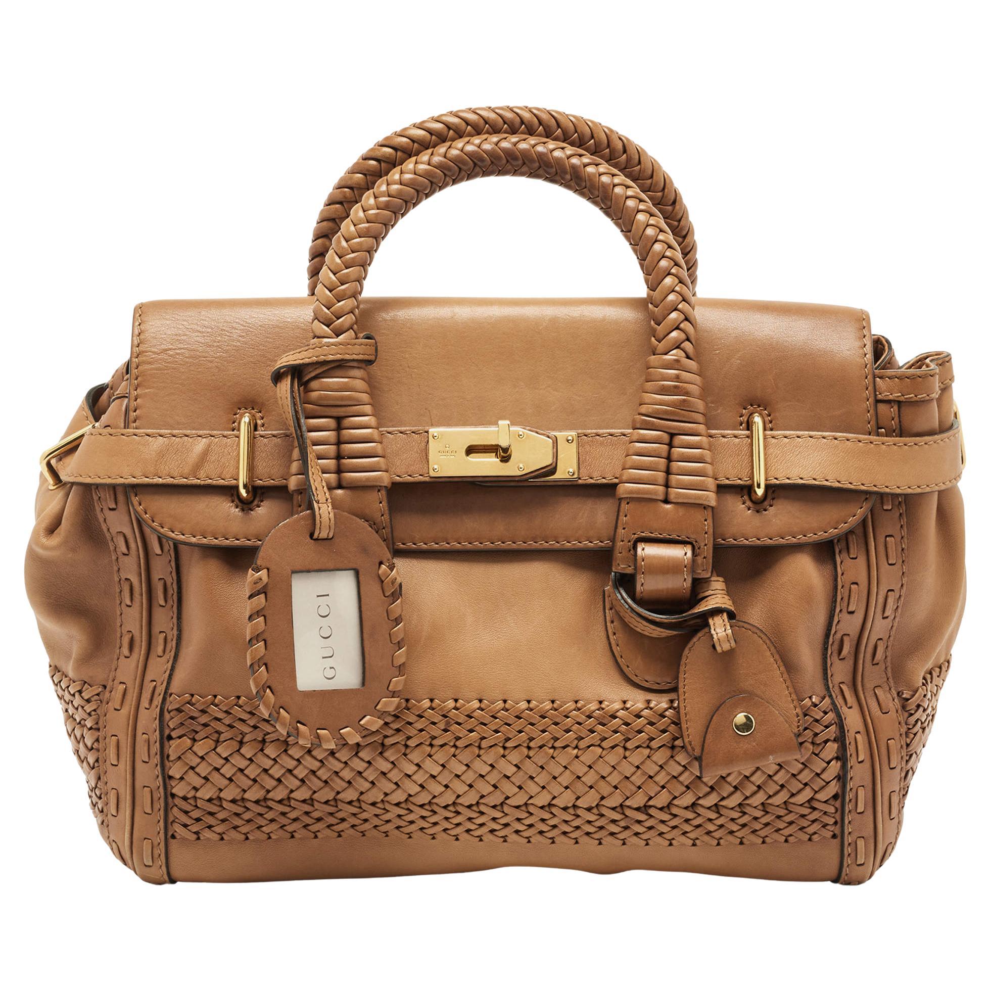 Gucci Brown Leather Handmade Top Handle Bag For Sale