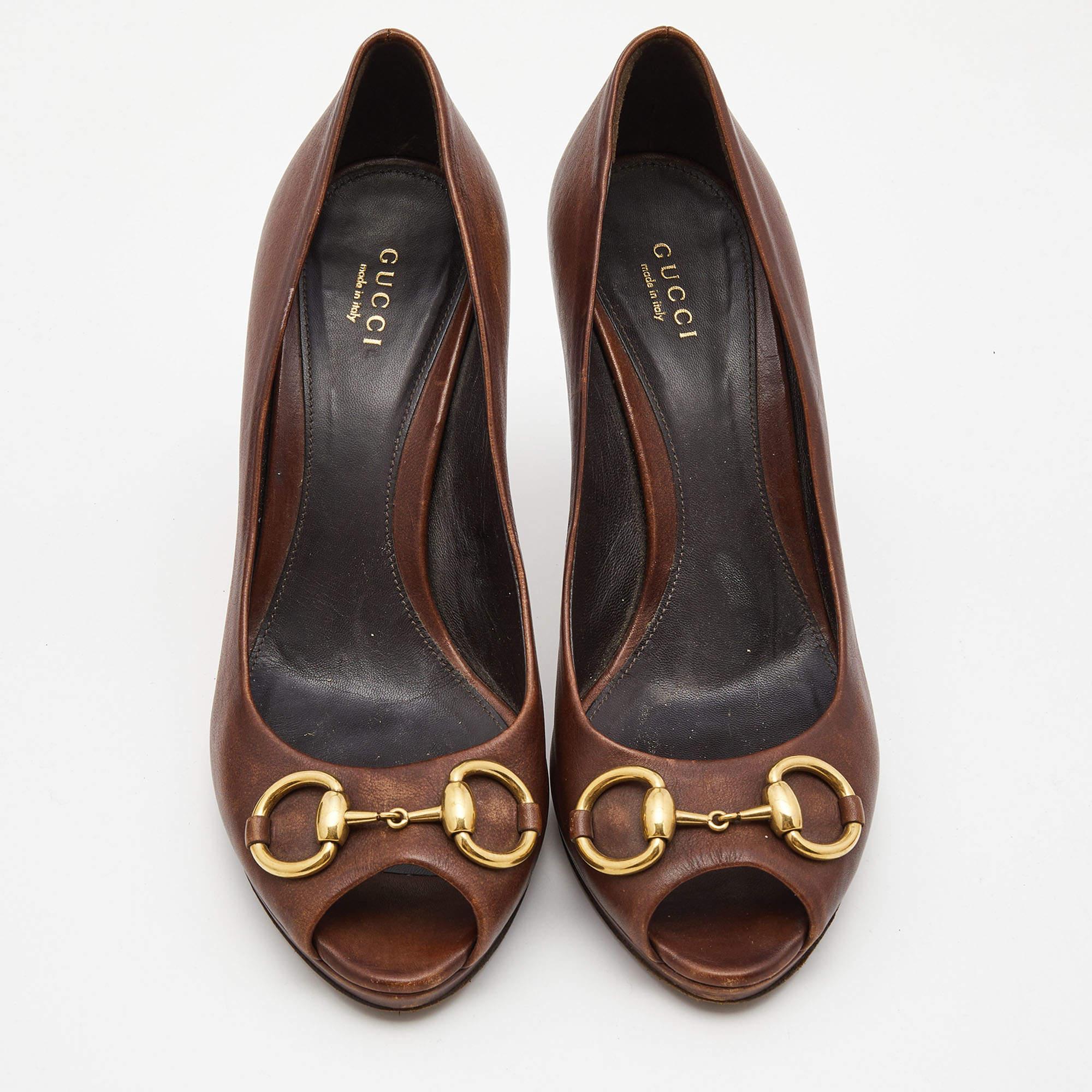 Gucci Brown Leder Hollywood Peep Toe Pumps Größe 39 (Schwarz)