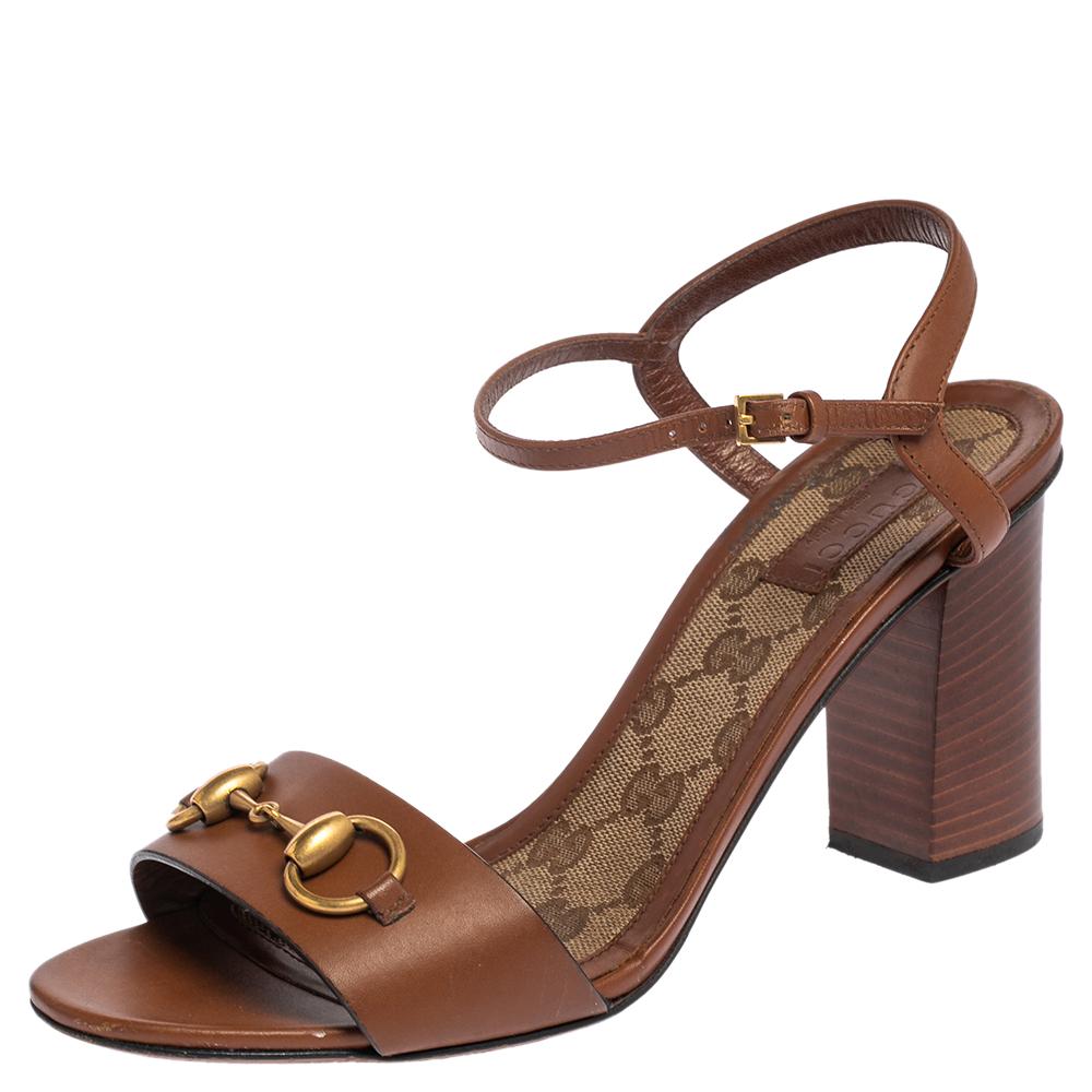 Gucci Brown Leather Horsebit Ankle Strap Open Toe Block Heel Sandals Size 38.5 1